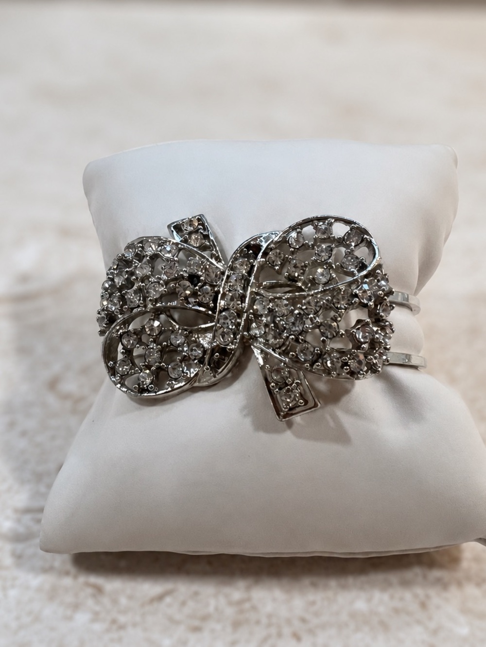 Silver-Tone Rhinestone Bow Hinged Bangle Bracelet
